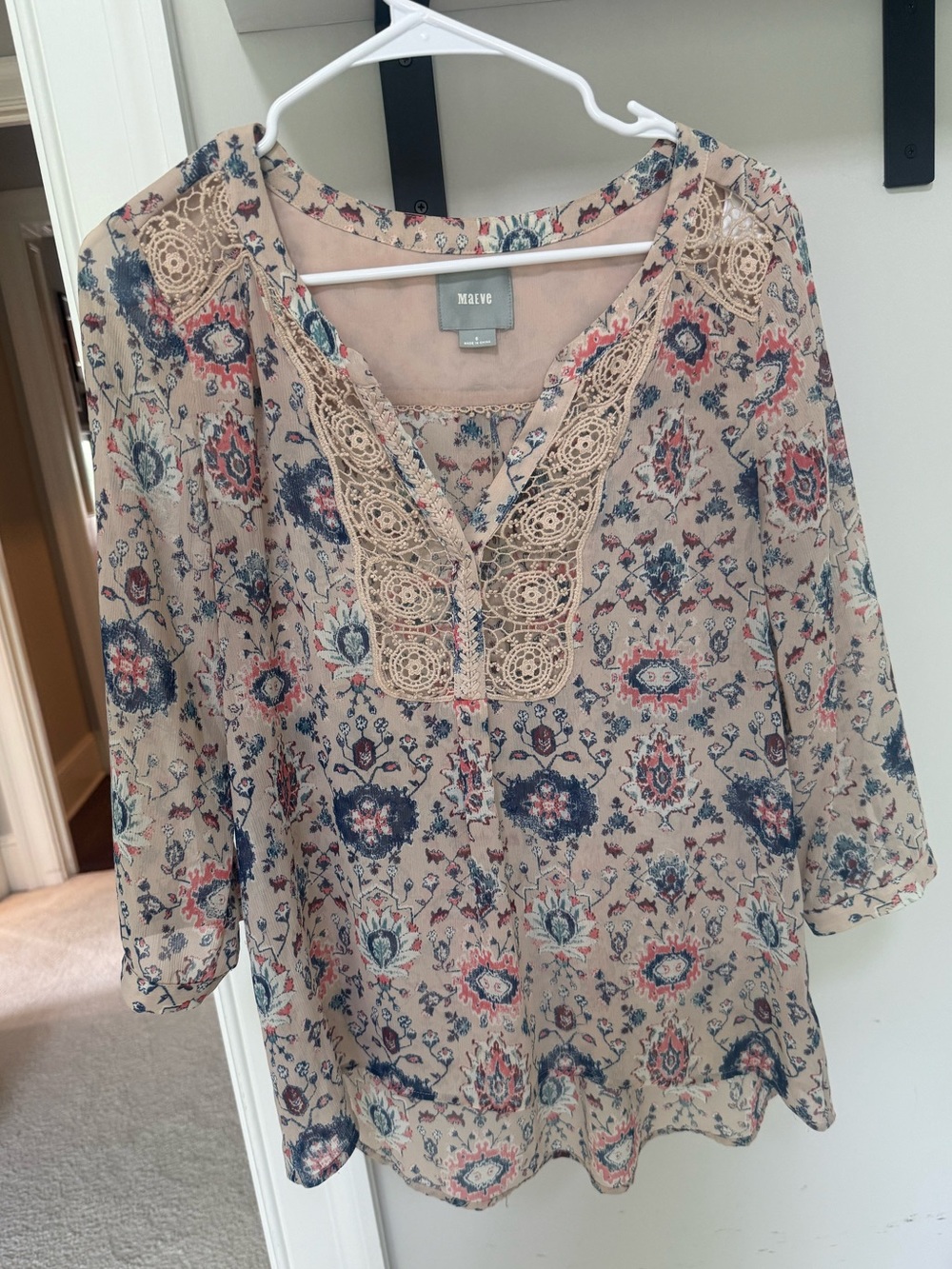 Maeve Beige Floral Lace-Trim Tunic with Navy & Coral Accents